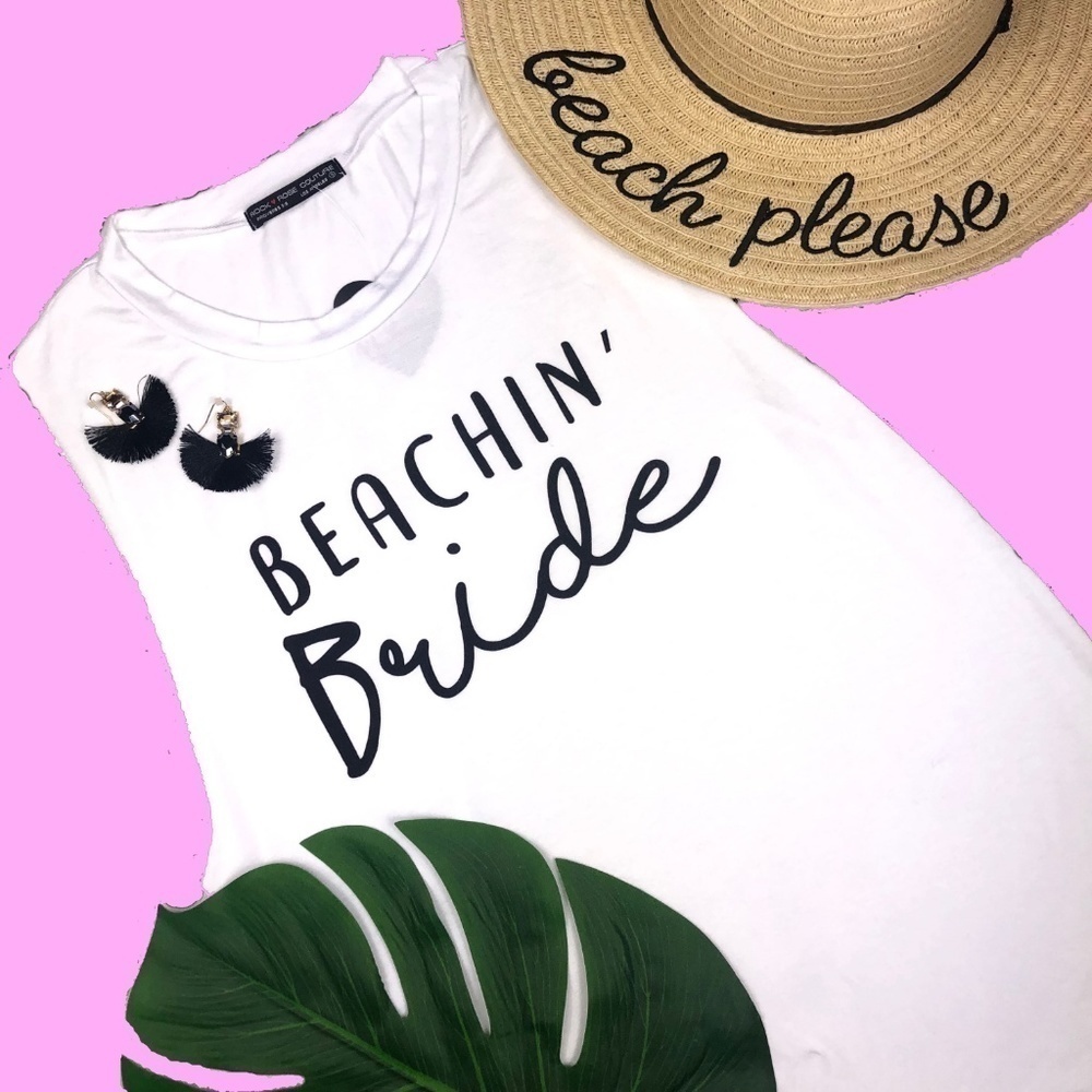 Beachin’ Bride Women White Sleeveless Tank Top Gift for Honeymoon Large